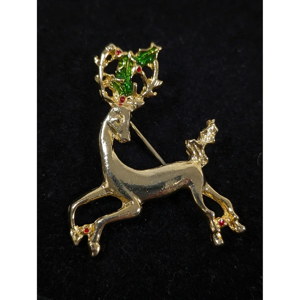 Vintage Reindeer Brooch Gold Tone Rhinestone Christmas Deer‎ Pin
